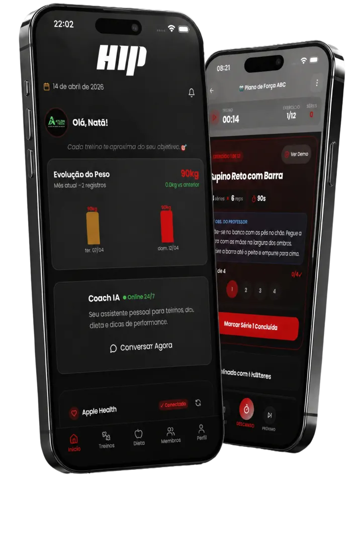 Duas telas de app de treino com tema preto e vermelho: evolução do peso e execução de treino