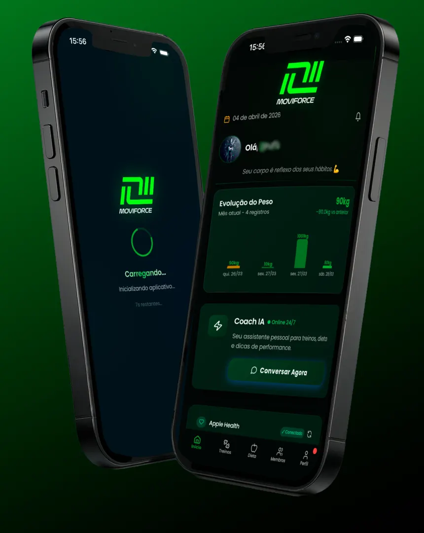 Duas telas de app de treino com tema verde-lima: abertura e início com Coach IA