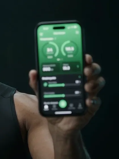 Celular na mão do personal trainer com o app da sua marca aberto